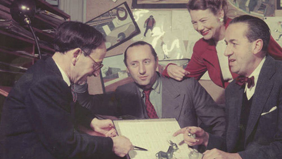 Mátyás Seiber with John Halas, Joy Batchelor and John Reed laughing and planning together